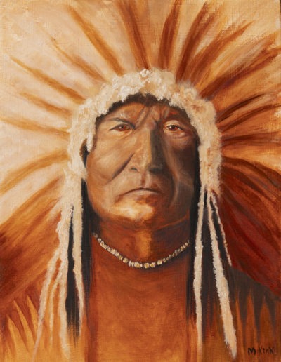 Oil painting of a Native American chief in tones of reds and brown by Maureen Kirk. 12" x 16"