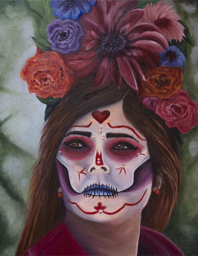 Oil painting of a young Latino woman made up for a Dias de los Muertas event. Painting by Maureen Kirk 20" 20" on canvas