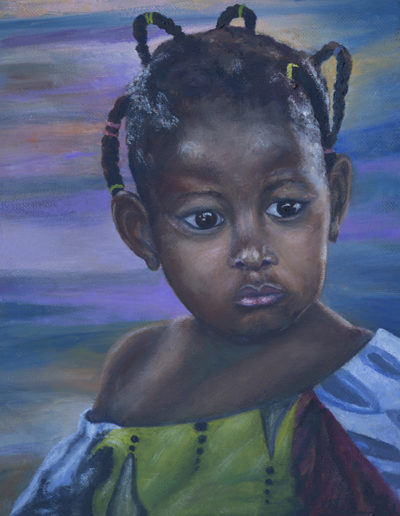 Oil painting of a young African girl in tones of blues and greens.