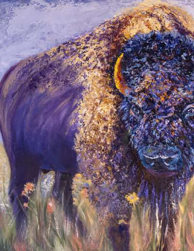 CPAC art exhibit oil painting of an American Bison in tones of dark blue, gold, purple, orange and turquoise by Maureen Kirk. 24" x 30"