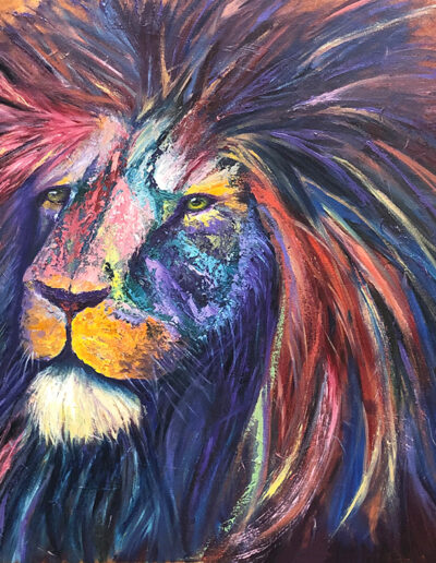 Colorful oil painting of a lion, 24" x 24"