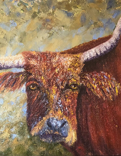 Contemporary Oil painting of a Longhorn cow in red, golds and yellows with a green and blue background