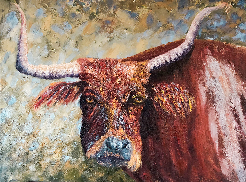 Contemporary Oil painting of a Longhorn cow in red, golds and yellows with a green and blue background